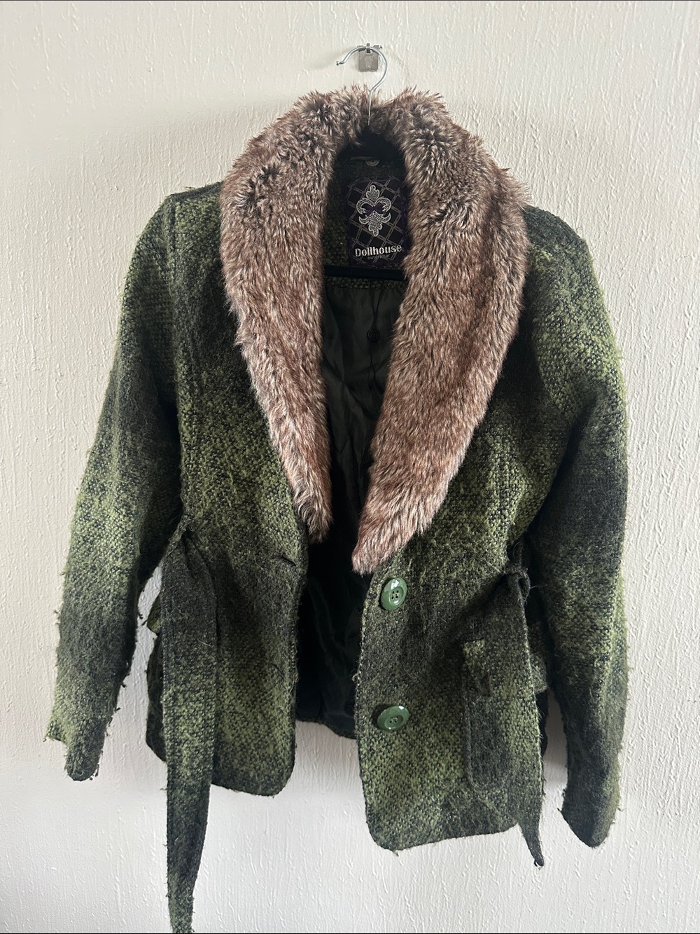 Dollhouse Olive Green Wool-Blend Coat with Faux-Fur Collar